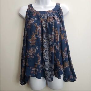 Knox Rose Cold Shoulder Top XS Blue Red Floral Long Puff Sleeves Chiffon